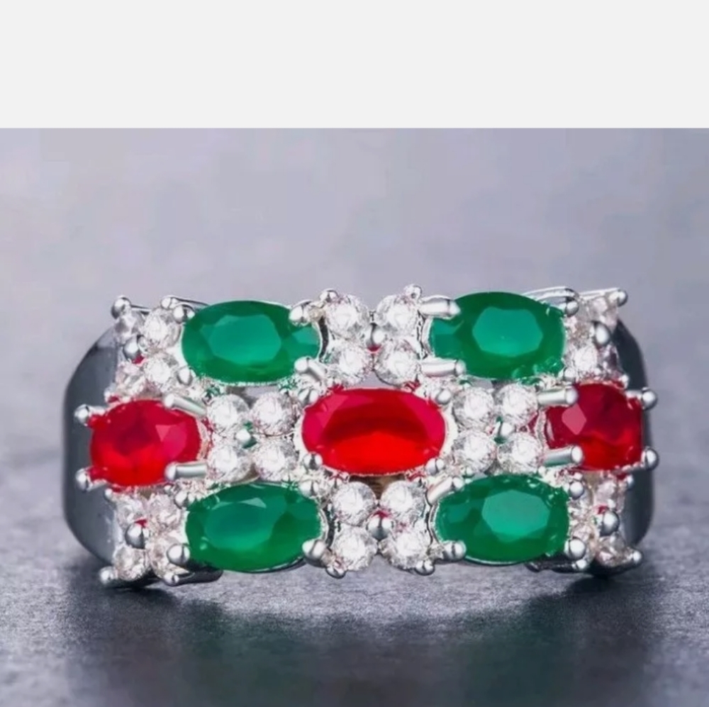 Emerald/Ruby/White Topaz Ring 925 Silver - image 6